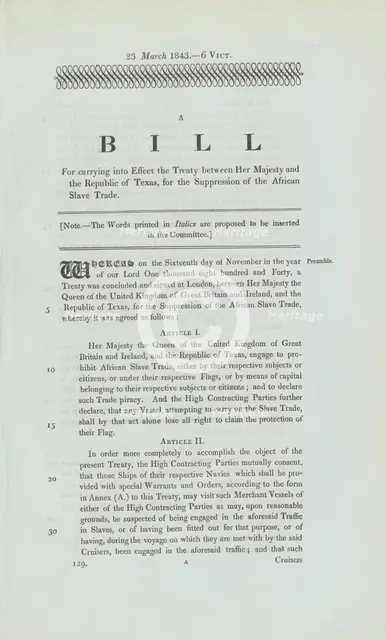 A bill for carrying into effect the treaty between Her Majesty and the Republic of Texas..., 1843. Creator: Unknown.