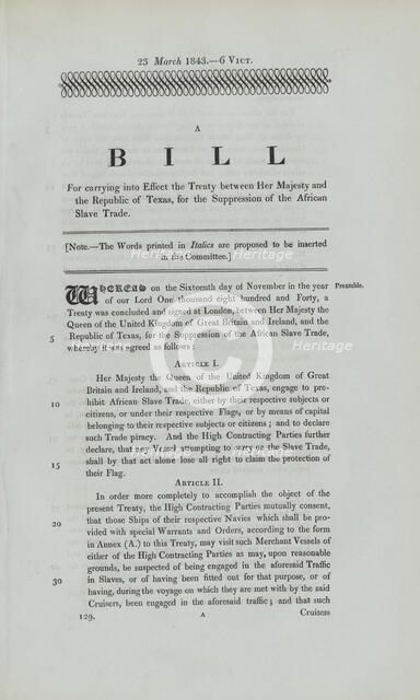 A bill for carrying into effect the treaty between Her Majesty and the Republic of Texas..., 1843. Creator: Unknown.