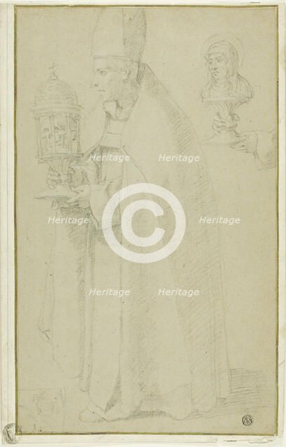 A Bishop Carrying a Reliquary with a Skull and Study of Two Hands Holding a Reliquary of a..., n.d. Creator: Unknown.