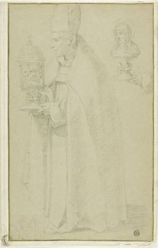 A Bishop Carrying a Reliquary with a Skull and Study of Two Hands Holding a Reliquary of a..., n.d. Creator: Unknown