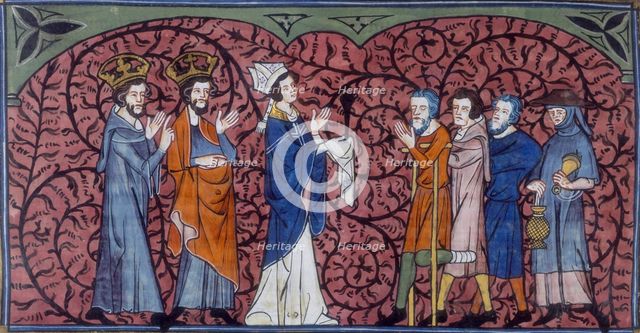 A Bishop and clergy greeting beggars and pilgrims, c1325-c1350. Creator: Unknown.