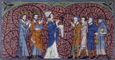 A Bishop and clergy greeting beggars and pilgrims, c1325-c1350. Creator: Unknown
