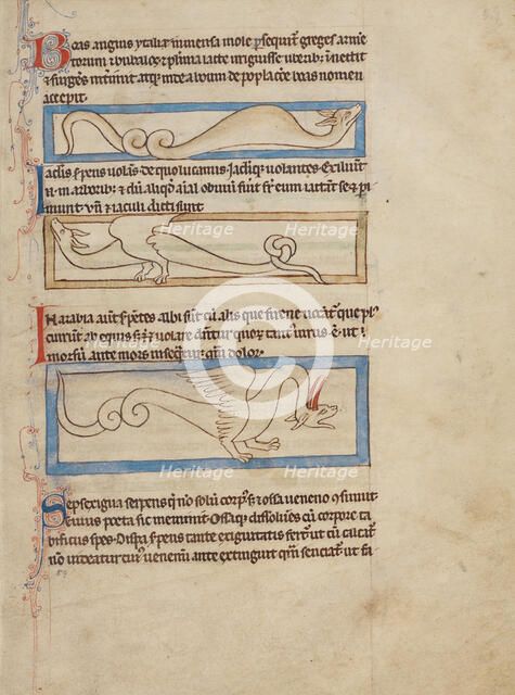 A Boa; A Jaculus; A Siren; Northumberland Bestiary, about 1250-1260. Creator: Unknown.