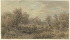 A boat with a ferryman stops at the bank (scene on the Nied River), mid-late 19th century. Creator: Jakob Maurer