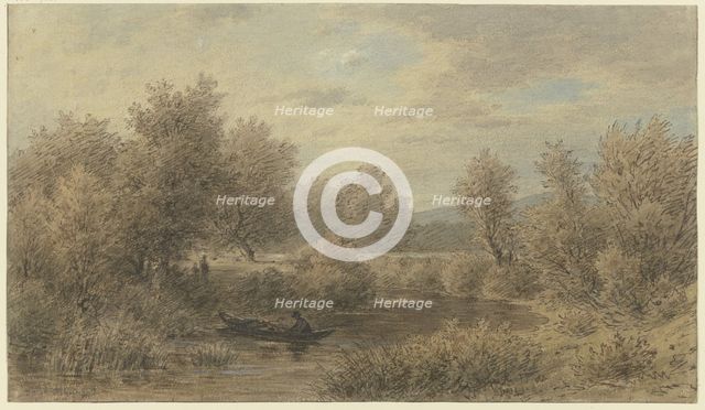A boat with a ferryman stops at the bank (scene on the Nied River), mid-late 19th century. Creator: Jakob Maurer.