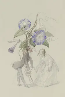 A bouquet of blue bindweed, with a couple bowing to each other below.. Creator: Adolf Schrödter