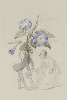 A bouquet of blue bindweed, with a couple bowing to each other below.. Creator: Adolf Schrödter