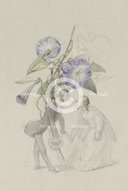 A bouquet of blue bindweed, with a couple bowing to each other below.. Creator: Adolf Schrödter.