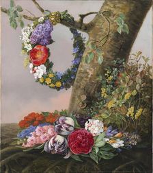 A bouquet of flowers at the foot of a tree; A wreath hangs on a branch, 1832. Creator: Christine Lovmand