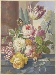 A bouquet of flowers in a basket, a butterfly on a tulip, a snail in the foreground, 1781. Creator: Johannes Christianus Roedig