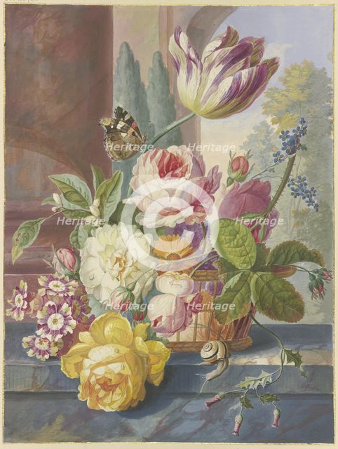 A bouquet of flowers in a basket, a butterfly on a tulip, a snail in the foreground, 1781. Creator: Johannes Christianus Roedig.