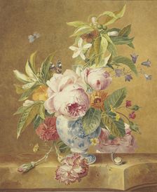 A bouquet of flowers in a blue vase with three butterflies, a snail in the foreground..., 1756. Creator: Jan Matthias Kok