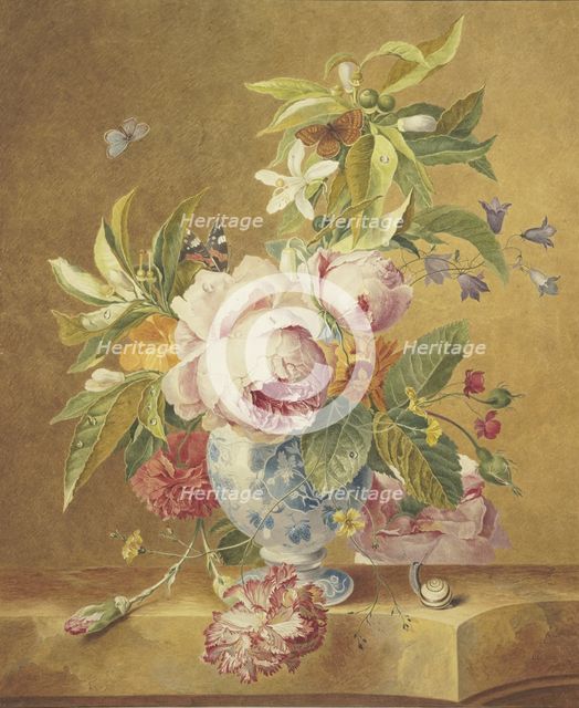 A bouquet of flowers in a blue vase with three butterflies, a snail in the foreground..., 1756. Creator: Jan Matthias Kok.