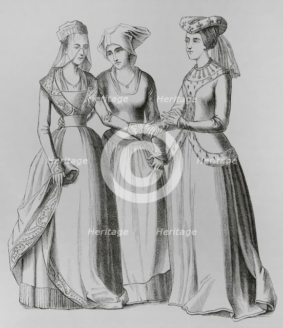 A bourgeoise, a peasant and a noblewoman, 14th century, (1878).  Creator: Unknown.