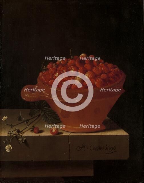 A Bowl of Strawberries on a Stone Plinth, 1696. Creator: Adriaen Coorte.