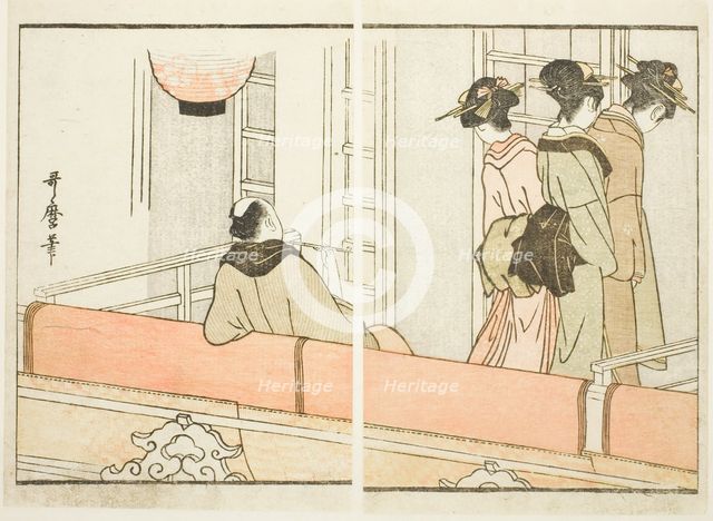 A Box at the Kabuki Theater, from the illustrated book "Guide to the Actors' Dressing Rooms..., 1799 Creator: Kitagawa Utamaro.