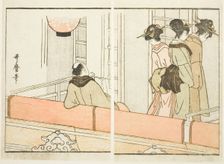 A Box at the Kabuki Theater, from the illustrated book "Guide to the Actors Dressing Rooms..., 1799 Creator: Kitagawa Utamaro