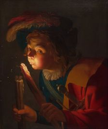 A Boy Blowing on a Firebrand, 1621/22. Creator: Gerrit van Honthorst