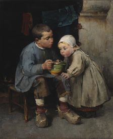 A Boy Feeding his Little Sister, 1881. Creator: Helene Schjerfbeck