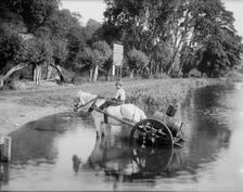 A boy with a horse drawn water cart, filling up in the River Thames, Shiplake, Oxfordshire,1860-1922 Creator: Henry Taunt