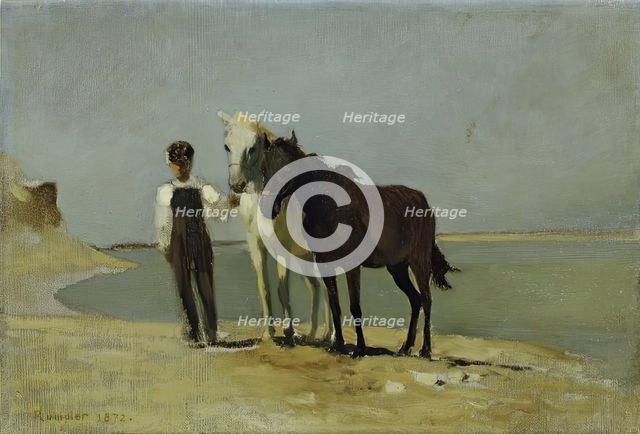 A boy with horses on the beach, 1872. Creator: Franz Rumpler.