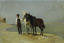 A boy with horses on the beach, 1872. Creator: Franz Rumpler