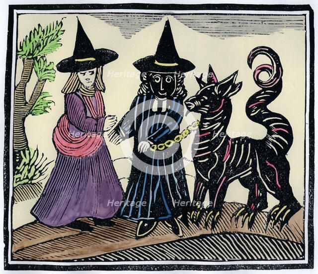 A black and a white witch with a devil animal. Artist: Unknown