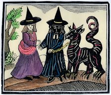 A black and a white witch with a devil animal. Creator: Unknown