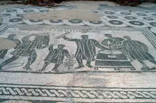 A black and white floor mosaic of grain measurers, Ostia Antica, Italy. Creator: Samuel Magal
