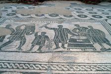 A black and white floor mosaic of grain measurers, Ostia Antica, Italy. Creator: Samuel Magal