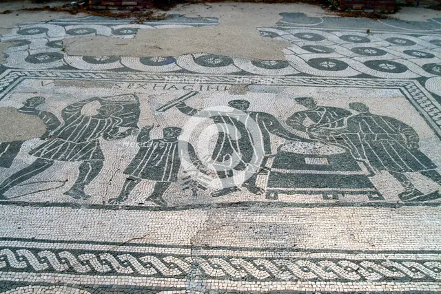 A black and white floor mosaic of grain measurers, Ostia Antica, Italy. Creator: Samuel Magal.