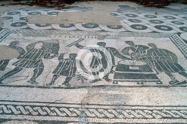 A black and white floor mosaic of grain measurers, Ostia Antica, Italy. Creator: Samuel Magal.