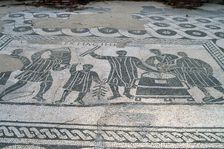 A black and white floor mosaic of grain measurers, Ostia Antica, Italy. Artist: Samuel Magal