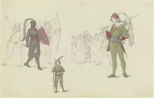 A black knight, archers, a hunter, and masked figures, early-mid 19th century. Creator: Ferdinand Fellner