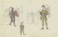 A black knight, archers, a hunter, and masked figures, early-mid 19th century. Creator: Ferdinand Fellner