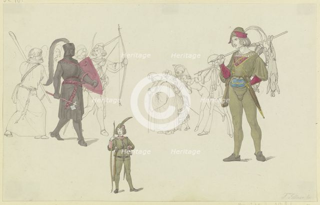 A black knight, archers, a hunter, and masked figures, early-mid 19th century. Creator: Ferdinand Fellner.
