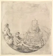 A black sailor standing to left, in profile to the right, a white sailor seated in ..., ca. 1658-63. Creator: Stefano della Bella