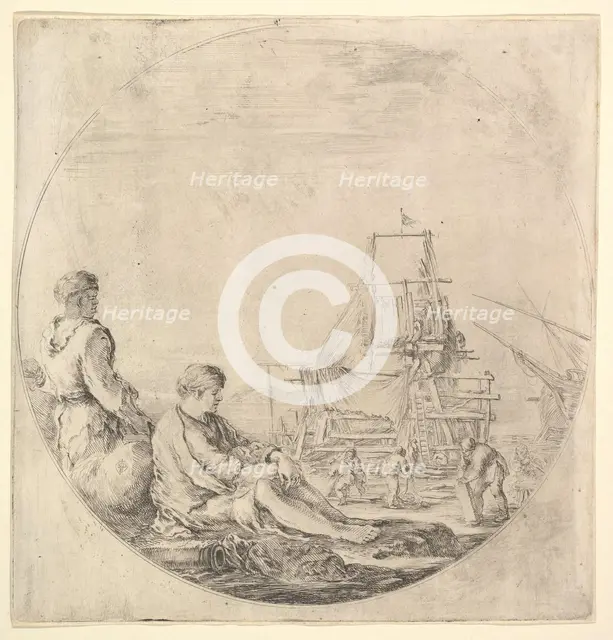 A black sailor standing to left, in profile to the right, a white sailor seated in ..., ca. 1658-63. Creator: Stefano della Bella.
