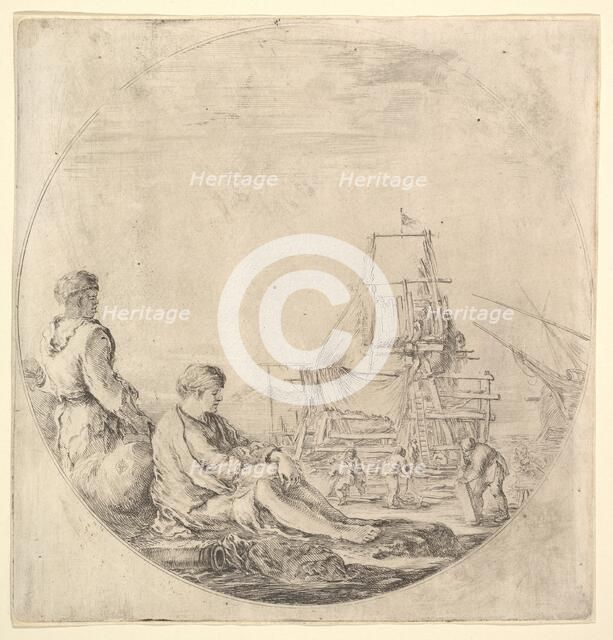 A black sailor standing to left, in profile to the right, a white sailor seated in ..., ca. 1658-63. Creator: Stefano della Bella.