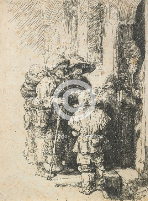 A blind hurdy-gurdy player and family receiving alms, reverse copy, after 1648. Creator: Unknown.