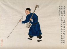 A blind musician carrying a shamisen (?) and walking with the aid of a cane, 1890. Creator: Pei Qun Zhou