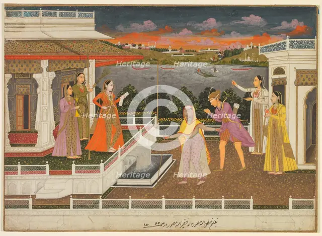 A blindfolded suitor is brought before a princess; verso: scrolling floral vines, 1755. Creator: Fayzullah (Indian, active c. 1730-1765).