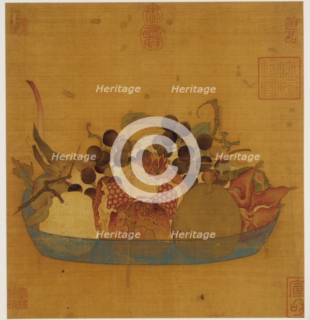 A blue glass dish filled with fruit, Ming dynasty, 1368-1644. Creator: Unknown.