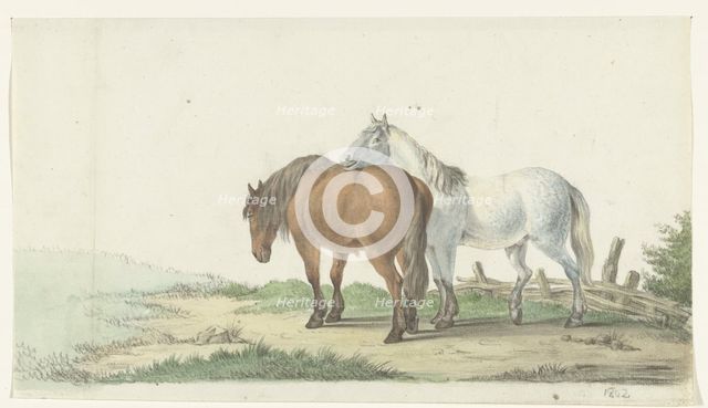 A brown and white horse on a road next to a fence, 1802. Creator: Jean Bernard.