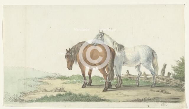 A brown and white horse on a road next to a fence, 1802. Creator: Jean Bernard.