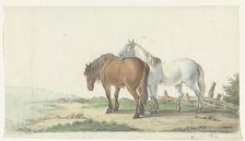 A brown and white horse on a road next to a fence, 1802. Creator: Jean Bernard