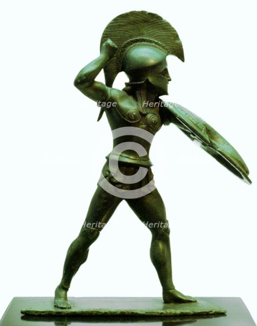 A bronze statuette of a Greek hoplite warrior. Artist: Unknown