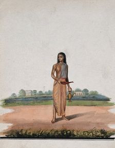 A brahmin carrying puja accessories, (between 1800 and 1899?). Creator: Unknown