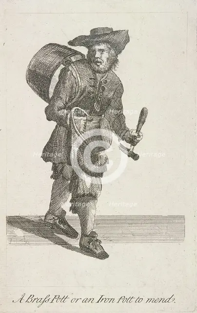 'A Brass Pott or an Iron Pott to mend', Cries of London, c1688. Artist: Anon