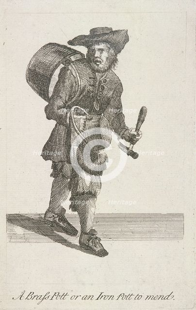 'A Brass Pott or an Iron Pott to mend', Cries of London, c1688. Artist: Anon